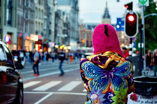 Homem Bonito Com Chapéu Rosa Engraçado Durante 2019 Amsterdam Gay — Fotografia de Stock