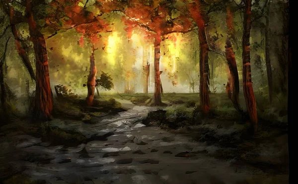 Ilustracja Lasu Wysokimi Drzewami Zieloną Trawą Rzeką Oświetlona Promieniami Słońca — Zdjęcie stockowe
