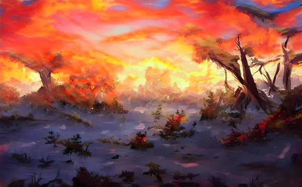 Kırmızımsı Sarı Gökyüzünün Altında Uzun Ağaçlar Olan Bir Ormanın Çizimi — Stok fotoğraf