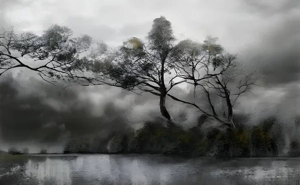Uma Ilustração Lago Cercado Por Árvores Arbustos Sob Céu Nublado — Fotografia de Stock