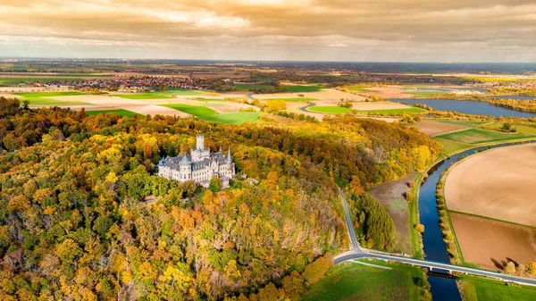 Zdjęcie Lotnicze Zamku Marienburg Niemczech Jesienią Zachodzie Słońca — Zdjęcie stockowe