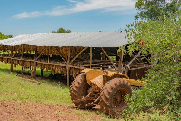 Sebuah Traktor Diparkir Sisi Rumah Pengering Tembakau Sebuah Peternakan — Stok Foto