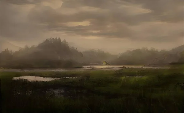曇り空の下 緑の植物や木々に囲まれた沼の自然を描いたイラスト — ストック写真