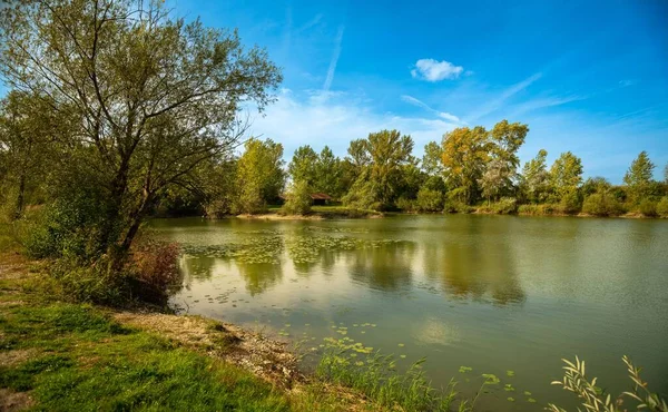 stock image A landscape scene of green trees reflecting on a lake under blue sky in the summer