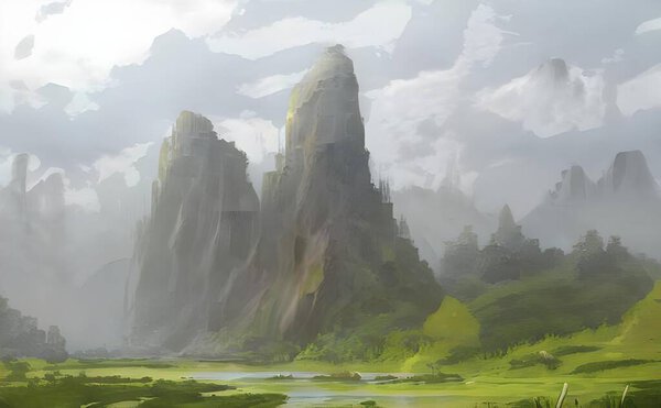 An illustration of nature with high cliffs in the green field in the daytime