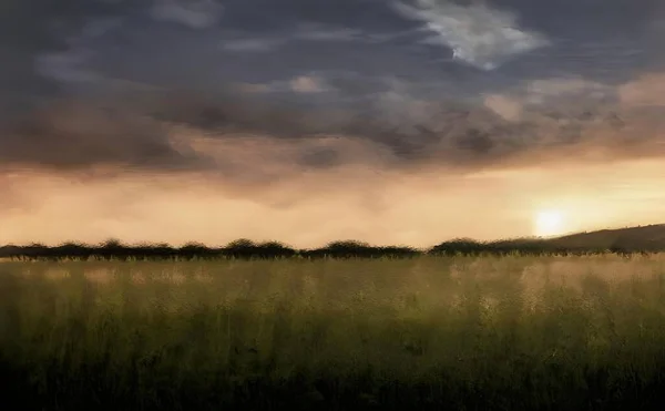 Hyper Realistická Ilustrace Zelené Louky Slunečním Světlem Pozadí — Stock fotografie