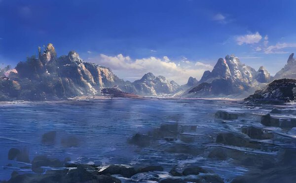 An illustration of a river with stones surrounded by rocky mountains under a blue sky