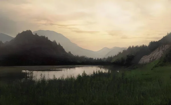 Гіперреалістична Ілюстрація Зеленої Лугової Річки Гір Заходом Сонця Задньому Плані — стокове фото