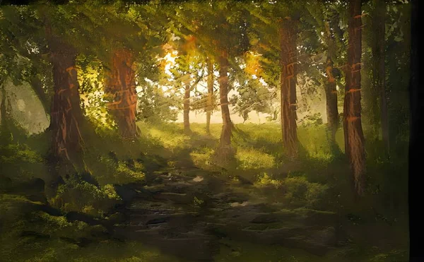 Hyper Realistická Ilustrace Lesních Stromů Slunečním Světlem Procházejícím — Stock fotografie