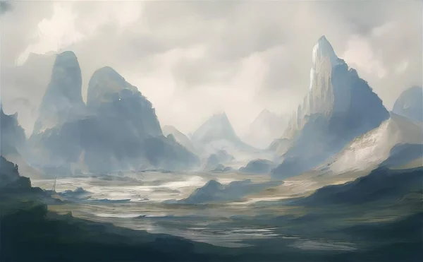 Гипер Реалистичная Иллюстрация Загадочного Пейзажа Гор Тумане — стоковое фото