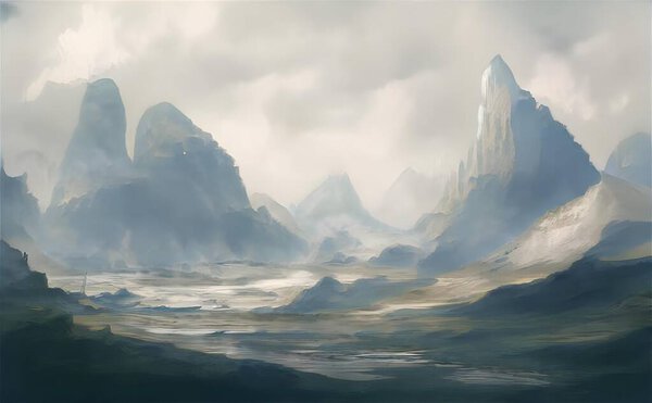 A hyper-realistic illustration of a mysterious landscape of the mountains in mist