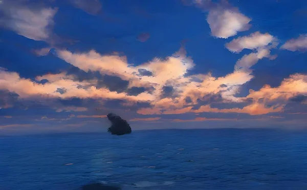 Hyper Realistické Znázornění Jasného Západu Slunce Nad Oceánem Hořící Lodí — Stock fotografie