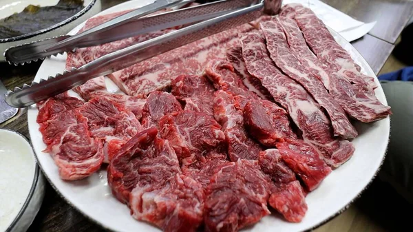 Closeup Fresh Raw Sliced Meat Arranged White Plate — Stock Photo, Image