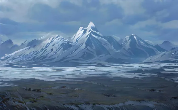 Ilustracja Natury Lodem Skaliste Góry Pokryte Śniegiem Pod Zachmurzonym Niebem — Zdjęcie stockowe