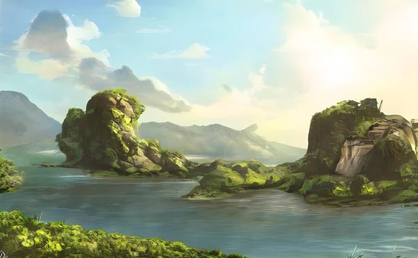 Eine Hyperrealistische Darstellung Einer Felseninsel Einer Bucht Einem Sommertag — Stockfoto