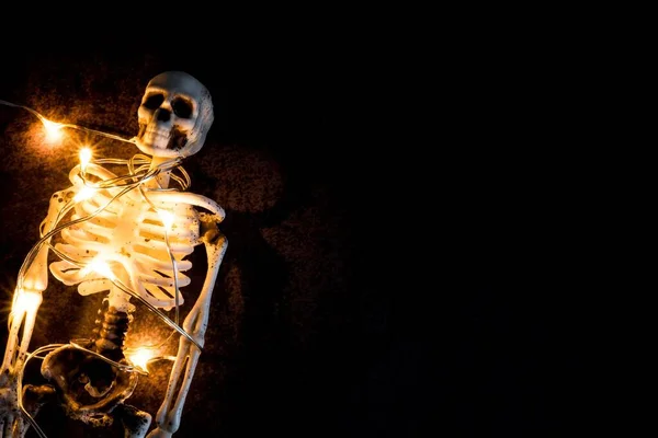 Närbild Ett Skelett Täckt Med Ljus Isolerad Svart Bakgrund — Stockfoto