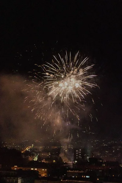 Amazing Colorful New Year Fireworks Dark Background Cityscape — Stock Photo, Image