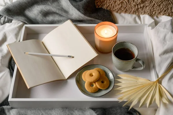 Cozy Autumn Composition Cup Coffee Candle Cookies Notebook Pencil Comfortable — Stock Photo, Image