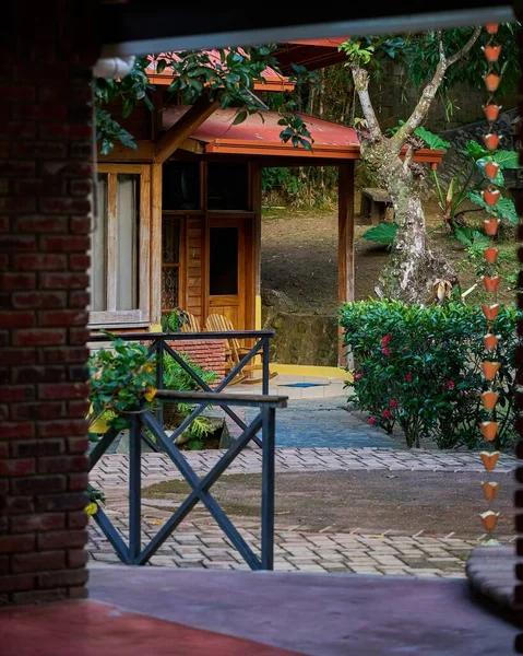 Een Verticaal Schot Van Een Houten Huis Met Prachtige Planten — Stockfoto