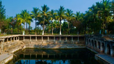 Thillai Nataraja Tapınağı 'ndaki eski bir havuzu çevreleyen palmiye ağaçları, Chidambaram