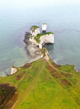 Dorset, Güney İngiltere 'deki Purbeck Adası' ndaki Handfast Point 'teki Old Harry Rocks' un manzaralı görüntüsü.