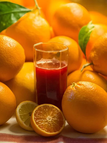 Egy Pohár Narancsos Gyümölcslé Függőleges Közelsége — Stock Fotó