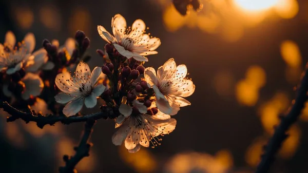 Gros Plan Branches Fleurs Cerisier Fleurs Sur Fond Coucher Soleil — Photo