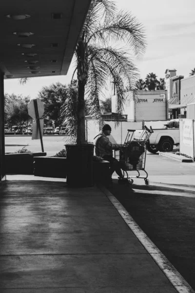 負傷した男が日陰で休んでいるヤシの木とショッピングカートでロサンゼルス ジャーディンズ ショッピングセンターベル ガーデンズCa — ストック写真