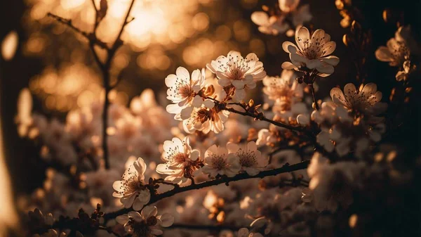 Eine Nahaufnahme Von Blühenden Kirschblütenzweigen Auf Einem Hintergrund Bei Sonnenuntergang — Stockfoto