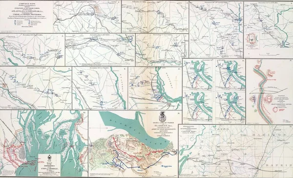 用图片说明谢尔曼对亚特兰大战役的旧地图表明了战争的进程 — 图库照片
