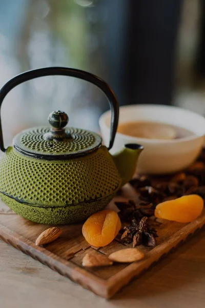 Close Shot Vintage Green Teapot Dry Fruits Tea Lemon Cup — Stock Photo, Image