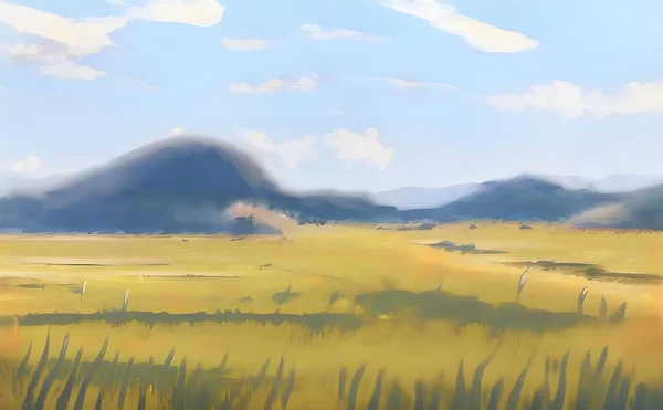 Illustration Einer Landschaft Mit Gelbem Feld Das Tagsüber Von Bäumen — Stockfoto