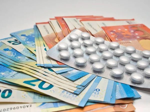Medication Pack Lying Pile Euro Bills — Stock Photo, Image