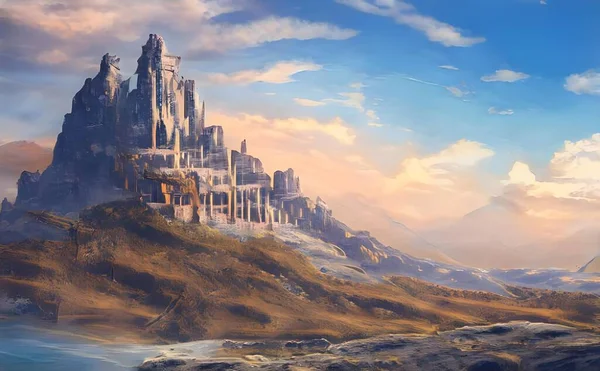 Illustration Einer Burg Auf Einem Hügel Meer Bei Tag — Stockfoto