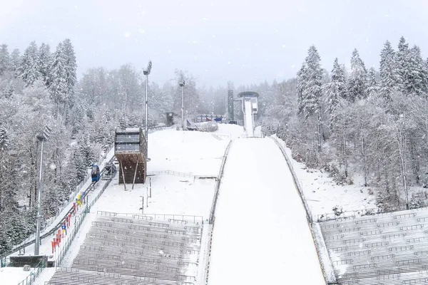 Muehlenkopf Skisprong Willingen Duitsland Tribunes Zijn Verlaten Het Sneeuwt Het — Stockfoto