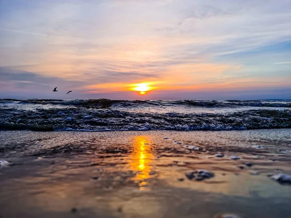 在落日映照下的海浪映衬下的湿沙滩风景 — 图库照片