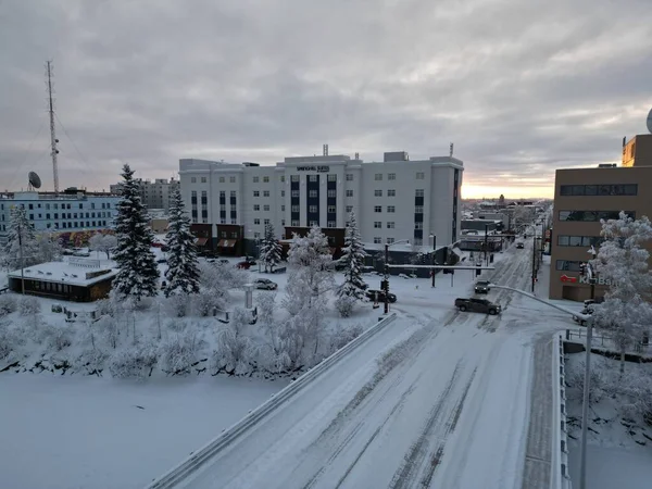 Soğuk Bir Kış Günü Fairbanks Şehir Meydanı Nın Hava Görüntüsü — Stok fotoğraf