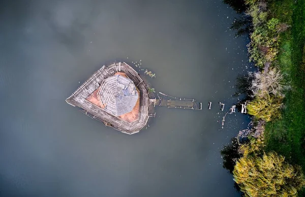 Eine Luftaufnahme Über Beschädigte Seebrücke Auf Einem Grauen Wasser Mit — Stockfoto