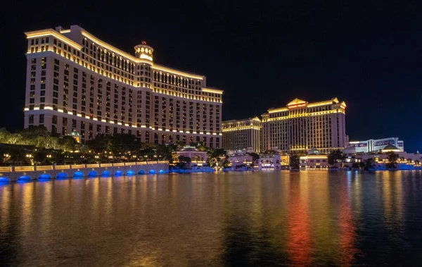 Vista Notturna Bellagio Caesars Alberghi Casino Con Lago Las Vegas — Foto Stock