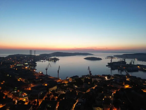 Aerial Shot Coastal City Pula Multiple Waterfront Constructions Progress — Stock Photo, Image