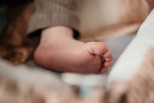 Ένα Κοντινό Πλάνο Των Γυμνών Ποδιών Του Νεογέννητου Μωρού — Φωτογραφία Αρχείου