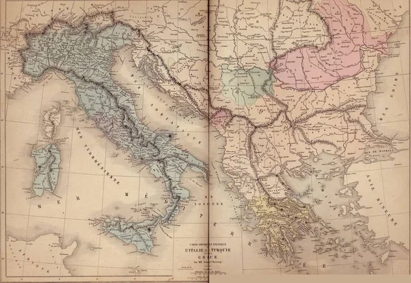 1869年阿特拉斯大学地图集中意大利和希腊的旧地图 — 图库照片