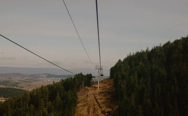 一辆缆车在山上 美丽的自然景观与云杉林 — 图库照片