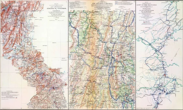 Stará Mapa Shermanových Kampaní Proti Atlantě Atlasu Označující Průběh Války — Stock fotografie