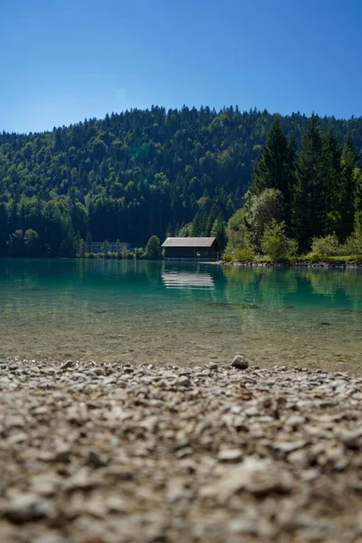 Scenic Vertical Shot Cabin Tranquil Walchensee Lake Surrounded Greenery Germany — Stock Photo, Image