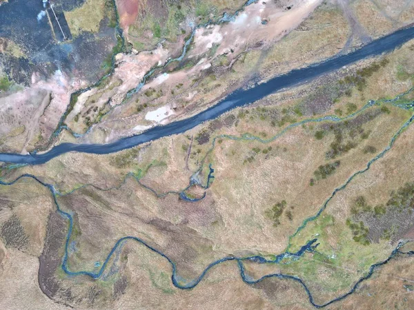 Die Luftaufnahme Eines Flusses Reykjadalur Tal Island — Stockfoto
