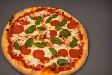 Peynirli ve diğer malzemeli lezzetli bir pizza resmi.