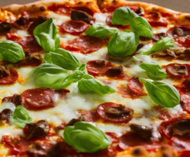 Peynirli ve diğer malzemeli lezzetli bir pizza resmi.