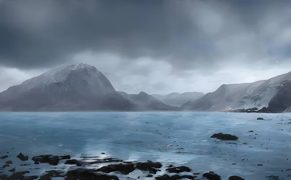Ілюстрація Природи Морем Оточеним Скелястими Пагорбами Під Хмарним Небом — стокове фото