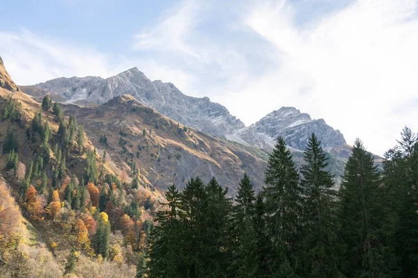 Uma Vista Aérea Árvores Verdejantes Coloridas Montanhas Rochosas Íngremes Oberstdorf — Fotografia de Stock